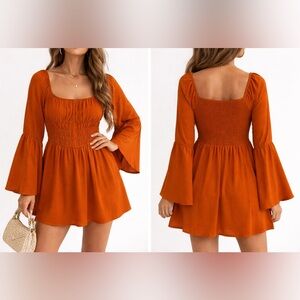 Women’s Rust Orange Smocked Mini Dress with Bell Sleeves – Size L